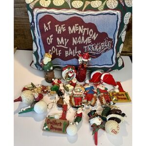 Golf Theme Christmas Decor Lot Pillow + 19 Santa Golfer Ornaments Holiday